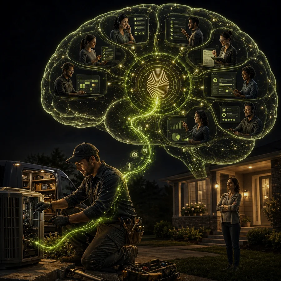 A technician works a night call while the CRM handles the scheduling, the calls, the invoicing and the review requests around him.