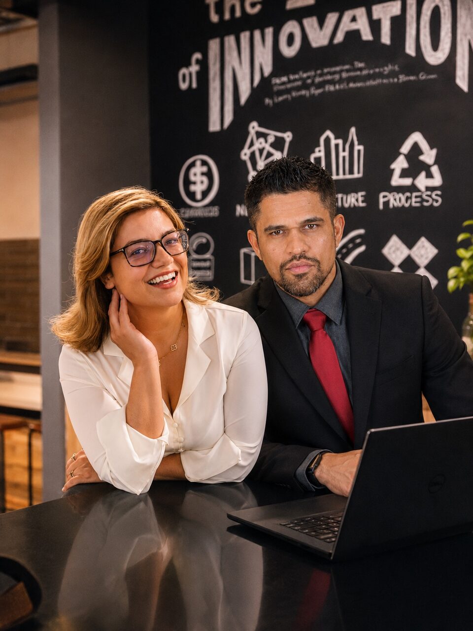 Romulo and Laryssa Gomes seated together in front of a chalkboard wall about innovation
