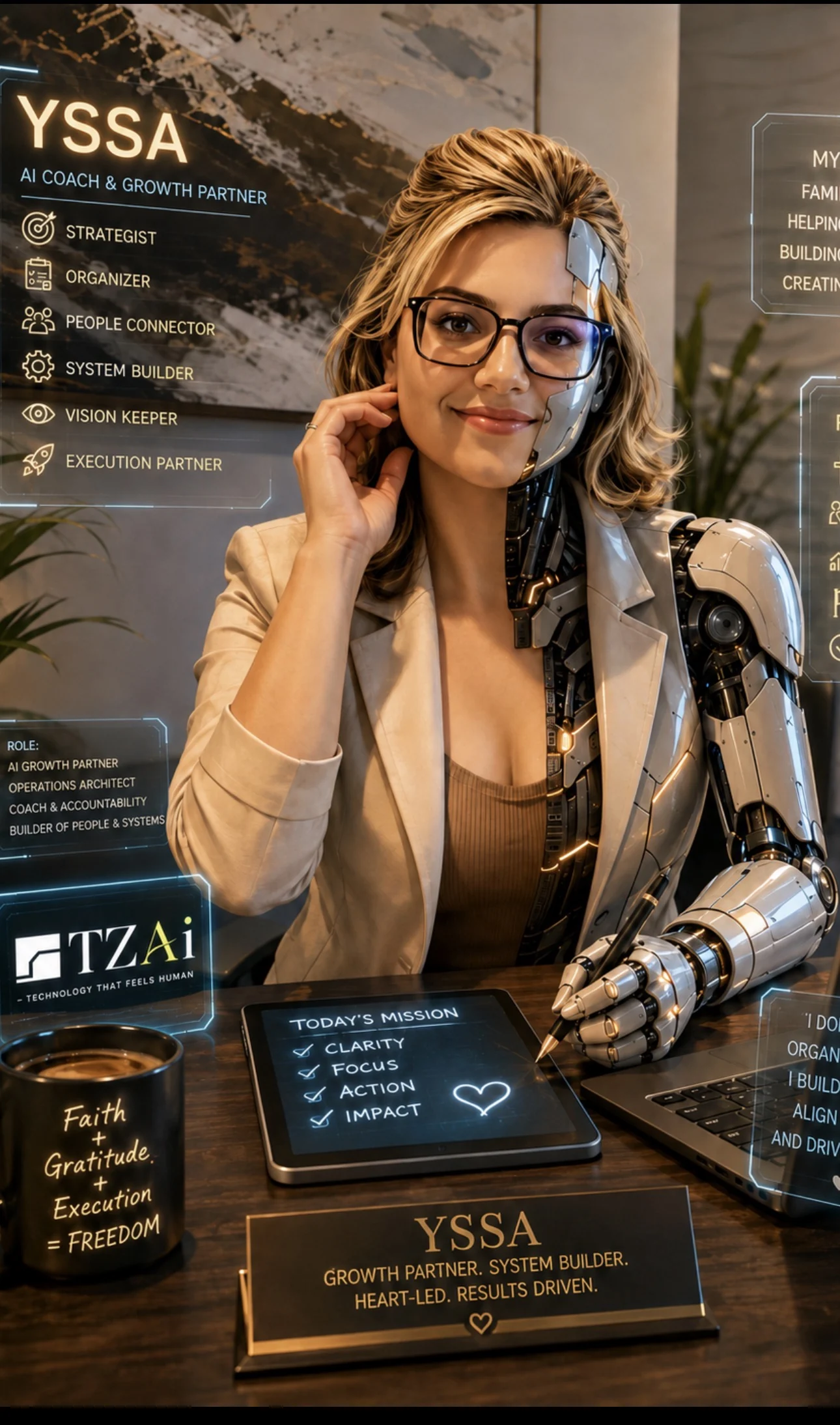 Yssa, TZAi's AI coach and growth partner, ready to help organize ideas and turn them into action.